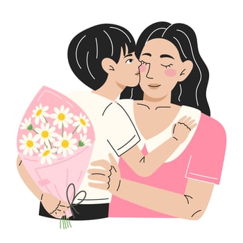 Mother Hugging Her Young Son Receiving a Bouquet of White Daisies,Flat Style Mothers Day Illustration on White Background vector