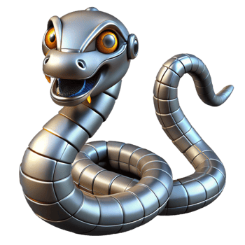 bold hypnotic Robot snake, metallic scales, flexible body, advanced sensors. NO BACKGROUND with Transparent Background. top-tier png
