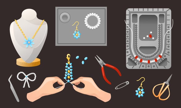 set with Jewelry workshop, hand make beaded bracelets or fashion necklace on string vector
