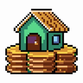 Pixel Art House Surrounded by Coins Retro Digital Wealth Illustration vector
