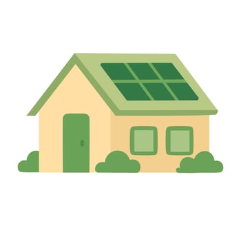 Cartoon house with solar panels and green garden. Symbol of sustainable living and clean energy. vector