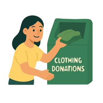 Cartoon girl donating clothes. Symbol of conscious consumption, recycling, and social responsibility. vector
