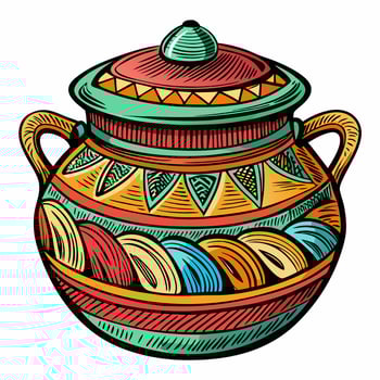 Colorful Hand Drawn Ornamental Clay Pot with Intricate Patterns and Tribal Design vector