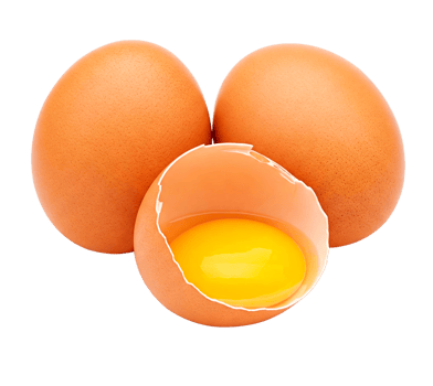 Group of brown chicken eggs and one broken open egg showing its yolk cut out png