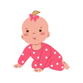 Flat style illustration of a crawling baby girl in a pink polka dot onesie, perfect for parenting materials, baby care content, and childhood-themed designs. vector