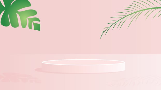 Elegant pink backdrop with green tropical leaves and round podium ideal for product showcasing and branding scenes vector