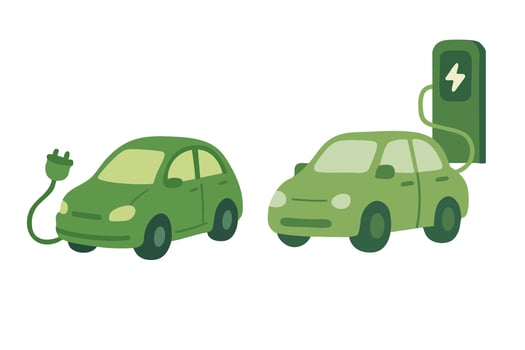 Set of green electric cars with charging cable and station. Eco transport clipart. vector