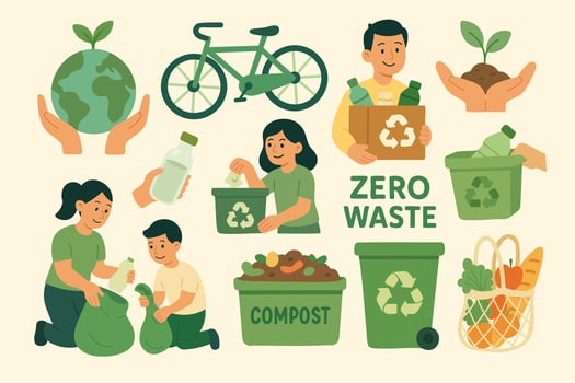 Set of eco concepts with electric cars, bikes, solar panels, recycling, reusable goods and nature care. vector