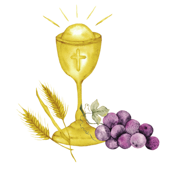 Watercolor illustartion with catholic religious symbols. Chalice, bunch of grapesand ears isolated. For first communion, wedding, baprism greeting card, invitation png