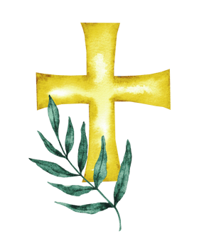 Watercolor illustration with golden cross and palm leaf. Hand drawn. Isolated. Catholic religious symbols. For first communion, wedding, baprism greeting card, invitation. png