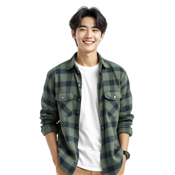 Young man in green plaid shirt and white shirt png