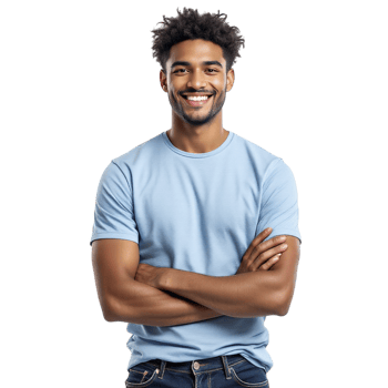 A smiling young man in a blue t - shirt png