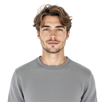 A man in a grey sweater looking at the camera png
