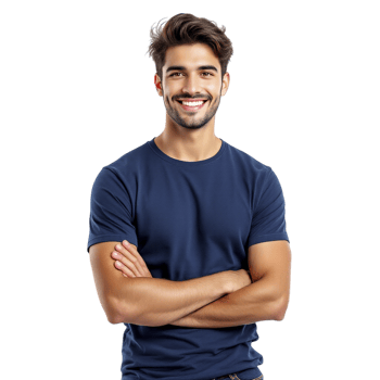 A man in a blue t - shirt smiling png