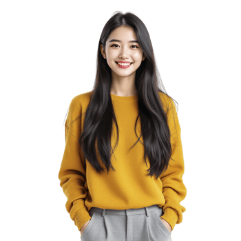 Young asian woman wearing yellow sweater and grey pants png