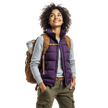 Woman in purple vest and backpack png