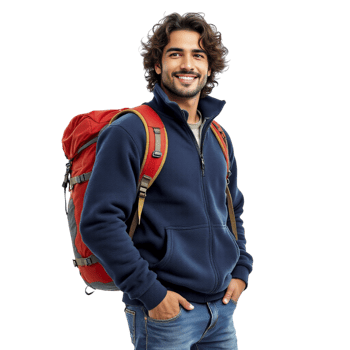 A man with a backpack standing with his hands on his hips png