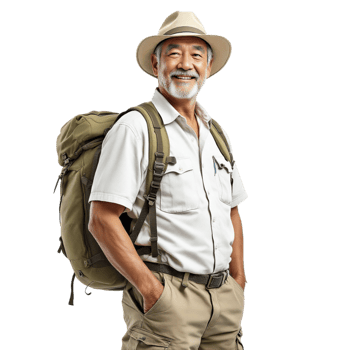An older man with a backpack standing with his hands on his hips png