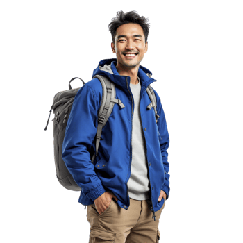 A young man in a blue jacket and backpack png