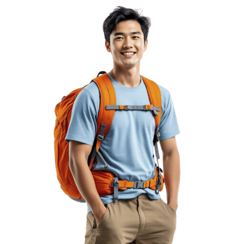 A young man with a backpack on his back png