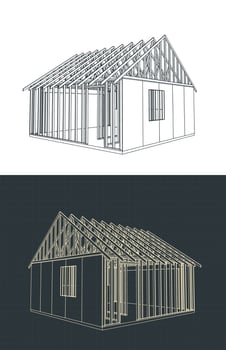 Timber frame house under construction blueprints vector