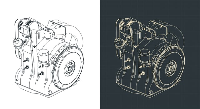 Wankel rotary engine isometric blueprints illustrations vector