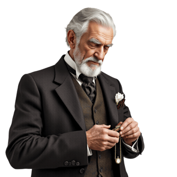 An old man in a suit and tie looking at his watch png