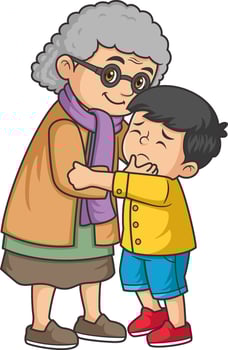a grandmother hugs her grandson who is crying vector