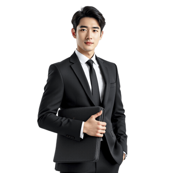 Asian businessman in black suit holding a laptop png