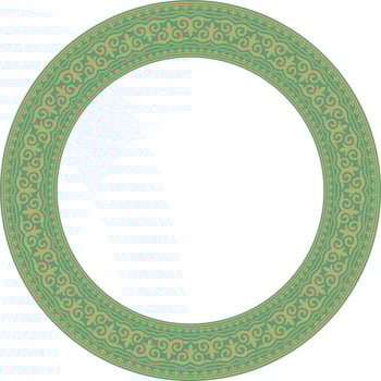 gold with green round Kazakh national ornament. Ethnic pattern of the peoples of the Great Steppe, vector