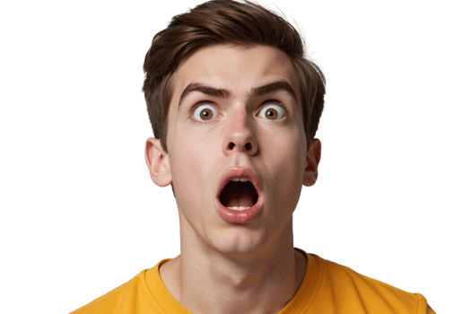 Young man with shocked expression on transparent background, wide-eyed male in yellow t-shirt with mouth open in surprise, genuine human reaction of astonishment, isolated portrait png