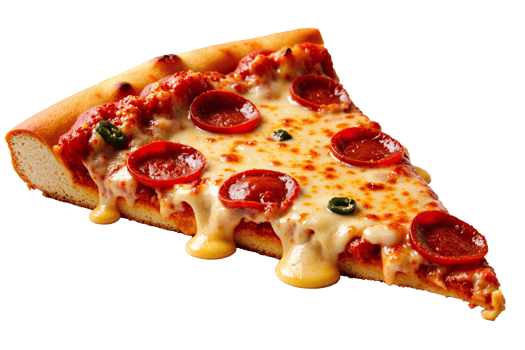 Gooey cheese pepperoni pizza slice on transparent background, melting mozzarella with red tomato sauce, classic Italian fast food with basil garnish png