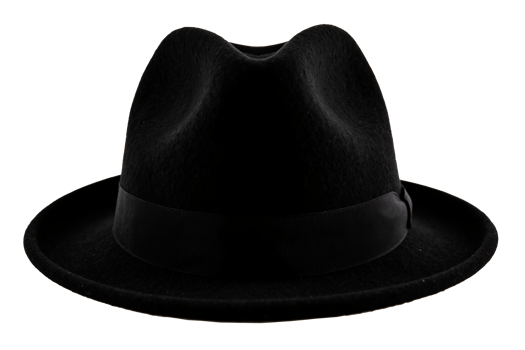 Classic black fedora hat on transparent background, elegant men's formal headwear with satin ribbon band, vintage-inspired fashion accessory with pinched crown and wide brim png