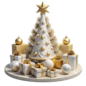 Christmas Tree with Golden Star Topper, Golden Ornaments and Wrapped Gift Boxes Around png