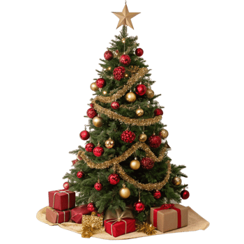 Christmas Tree with Gold Star, Red and Gold Baubles and Gift Boxes Around png
