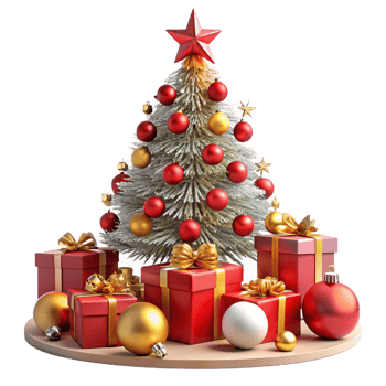 Decorated Silver Christmas Tree with Star Topper, Red and Gold Ornaments png