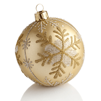 Gold Ornament with Glitter Snowflakes, Round Glass Decoration, Holiday png