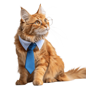 Maine Cat, Formal Blue Tie, Business Collar, Circle Glasses, Golden Fur Pet Portrait png