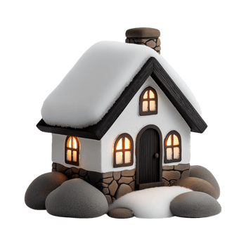 charming snow covered house with glowing windows, nestled among smooth stones, evokes cozy png
