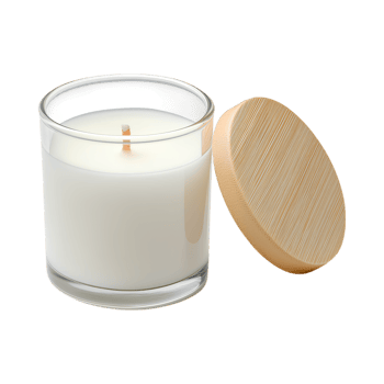 calming scented candle in glass jar with wooden lid, perfect for relaxation png