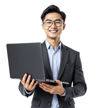 Asian businessman holding laptop computer png