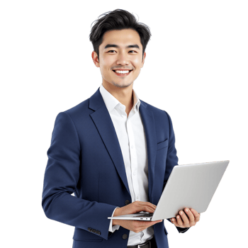 Asian man in suit holding laptop png