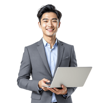 Asian businessman holding laptop on black background png