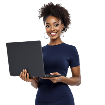 A beautiful young woman in a blue dress holding a laptop png
