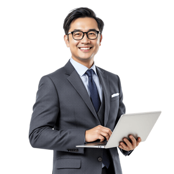 Asian businessman in suit and glasses holding a laptop png
