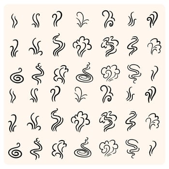 Steam and smoke lines icons set. Air wind and scent linear collection with doodle style drawing vector