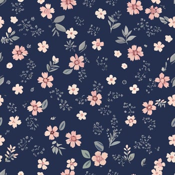 Vintage Floral Seamless Pattern with Soft Pink Flowers on Dark Blue Background Elegant Hand-Drawn Design vector