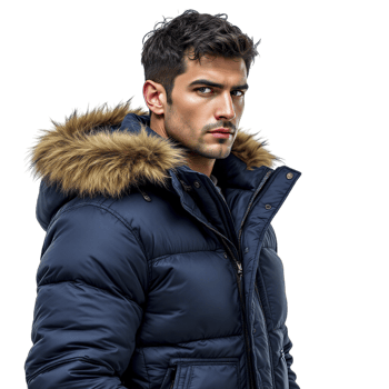 A man in a blue puffer jacket with a fur collar png