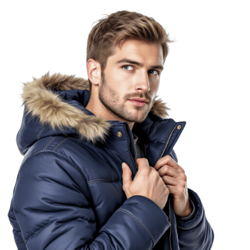 A man in a blue jacket with a fur collar png