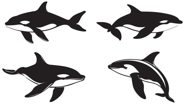 Orca Silhouette Set, Killer Whale, Marine Wildlife, and Ocean Animal Illustration vector